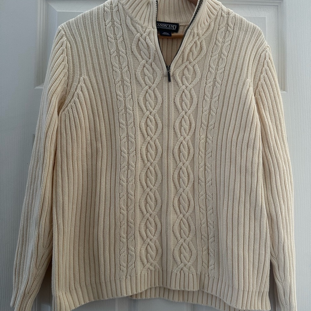 Lands' End Cream Cable-Knit Half-Zip Turtleneck Sweater